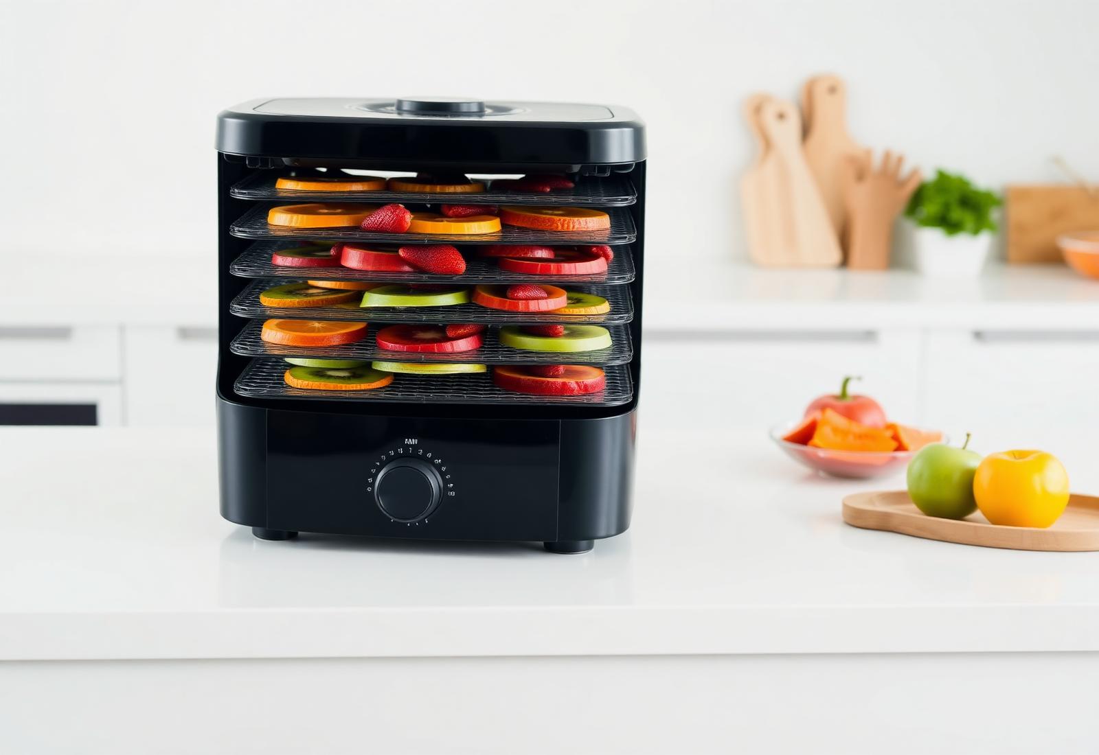 Premium Prime Products food dehydrator with colorful drying fruit trays